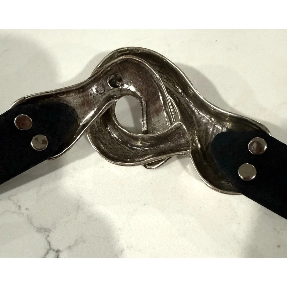 Chicos Vintage Metal Clasp Black Leather Adjustable Slide Belt Snake